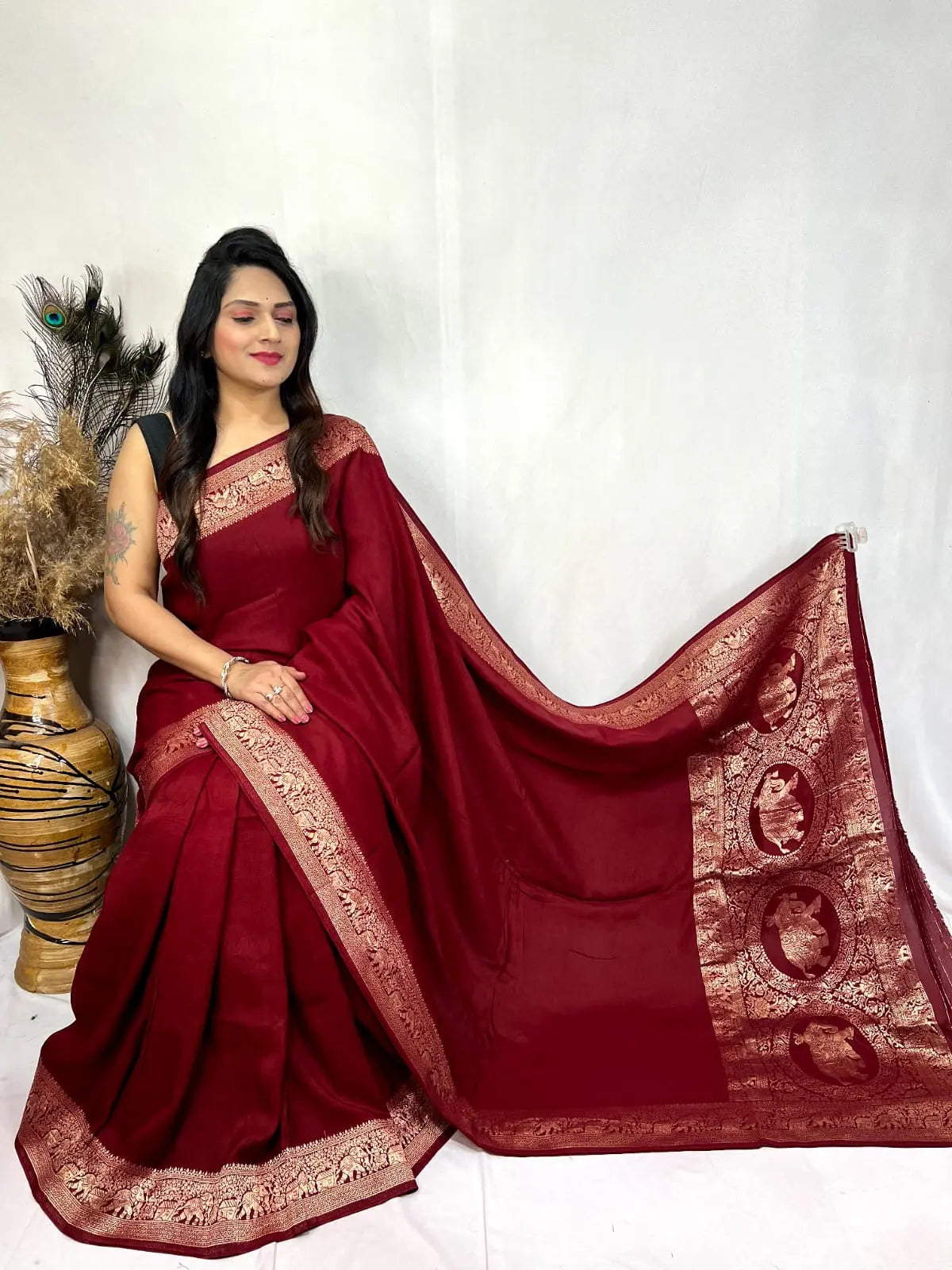 Dola Silk Golden Zari Border Saree - Premium  from Ethenika.com  - Just INR 5990! Shop now at Ethenika.com 