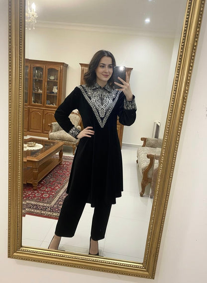 Neck Sequence Embroidery Work with Collar Velvet Cord Set