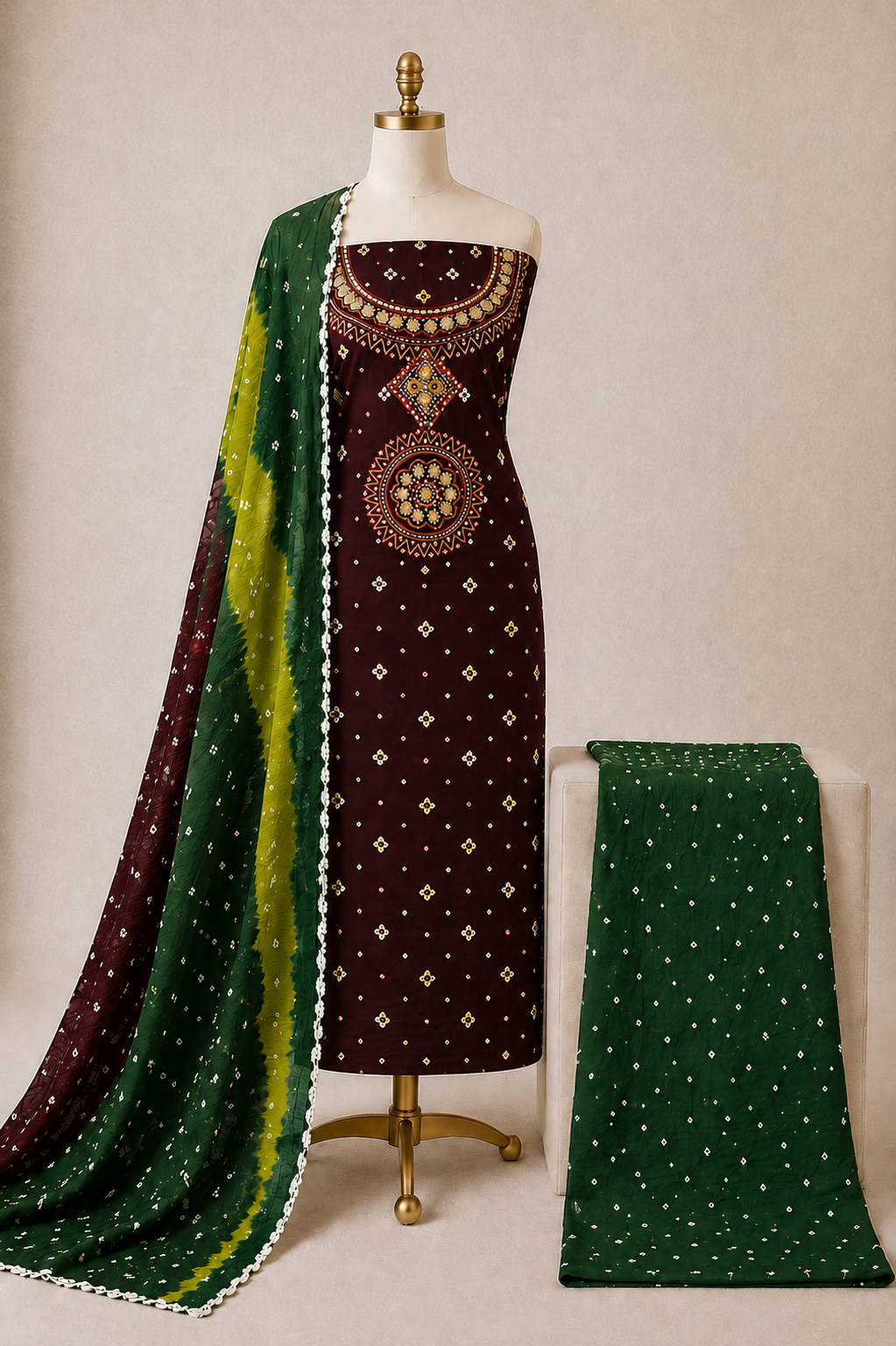 Soft Cotton Real Mirror and Thread Work Bandhani Dress Material (Unstitched)