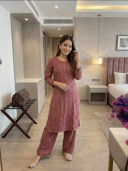 Faux Georgette Chikankari Kurti Palazzo Set