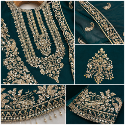 Faux Georgette Sequence Embroidery 3Pc Designer Kurti Pant Dupatta Set (Ready to Wear)