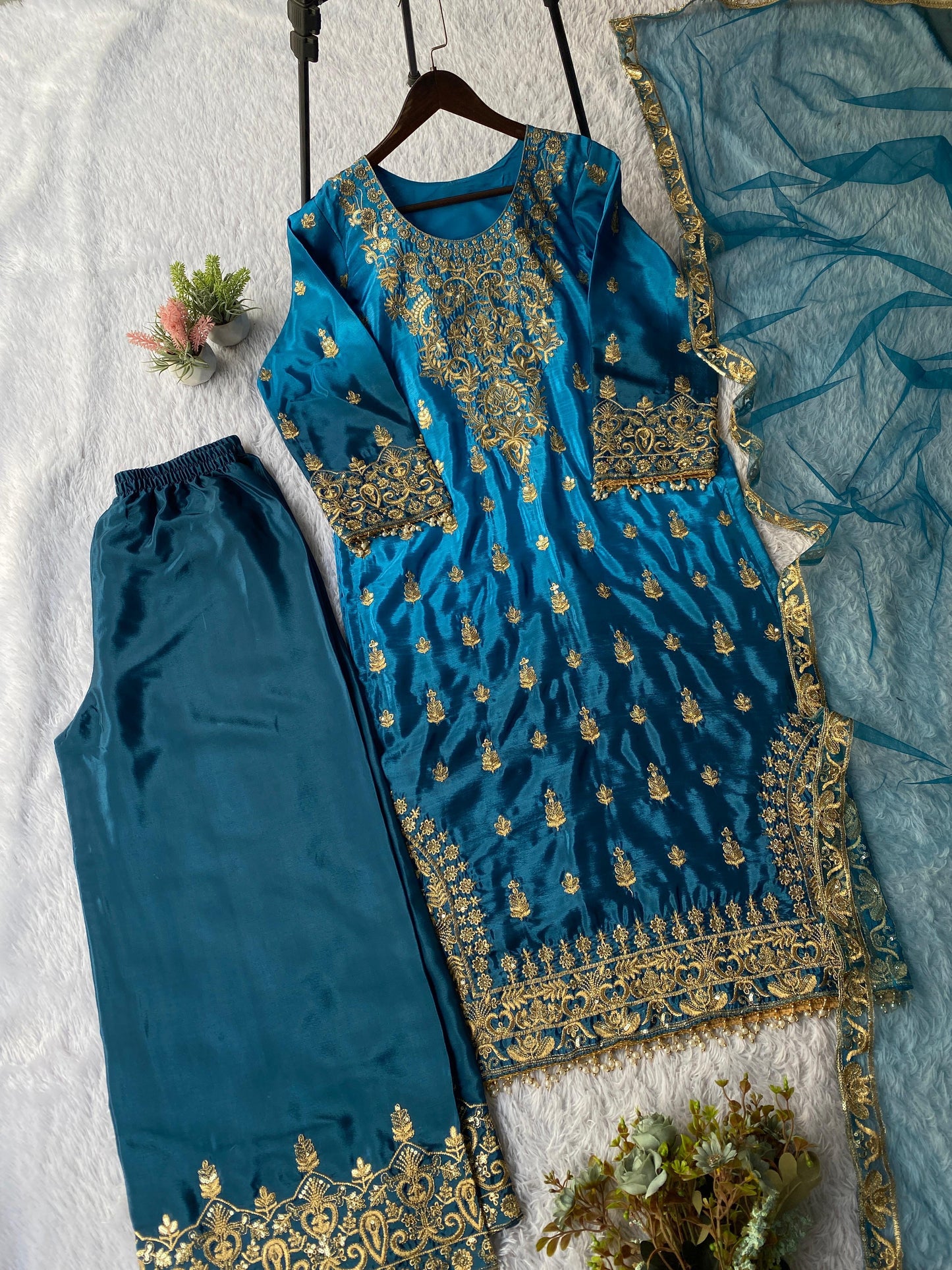 Chinon Silk Sequence Embroidery Work Eid Special Desinger Kurti Pant Dupatta Set (ready to wear)