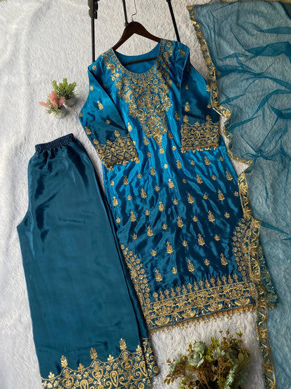 Chinon Silk Sequence Embroidery Work Eid Special Desinger Kurti Pant Dupatta Set (ready to wear)