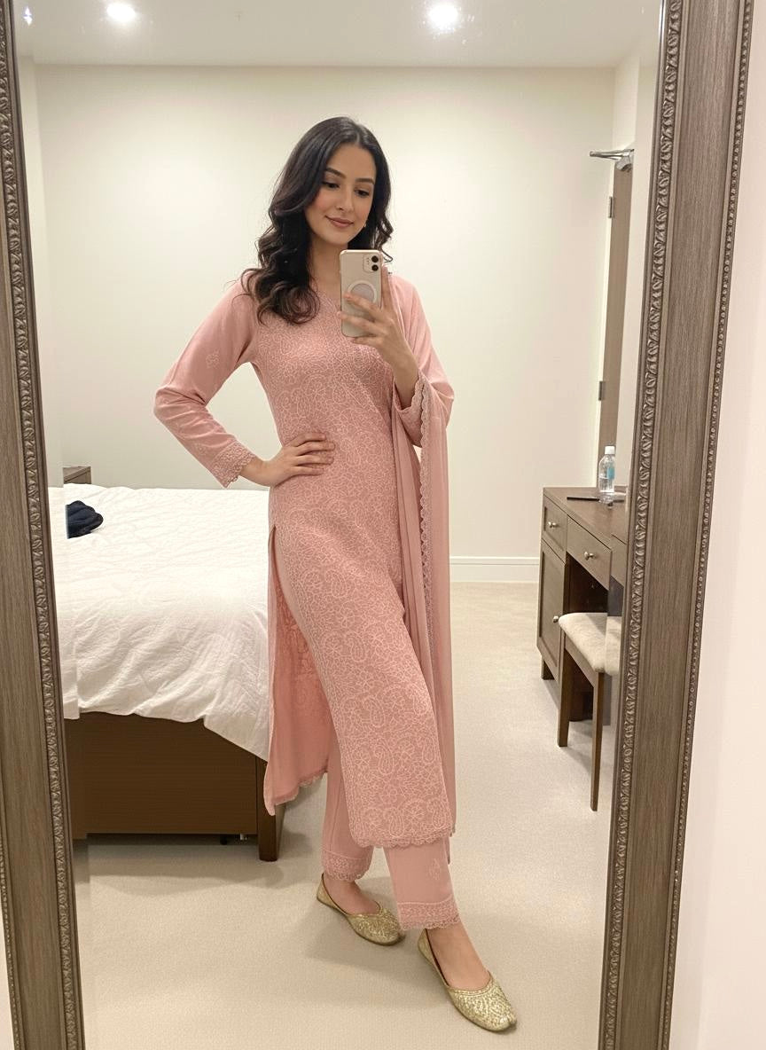 Ethenika Faux Georgette Chikankari Kurti Pant Dupatta