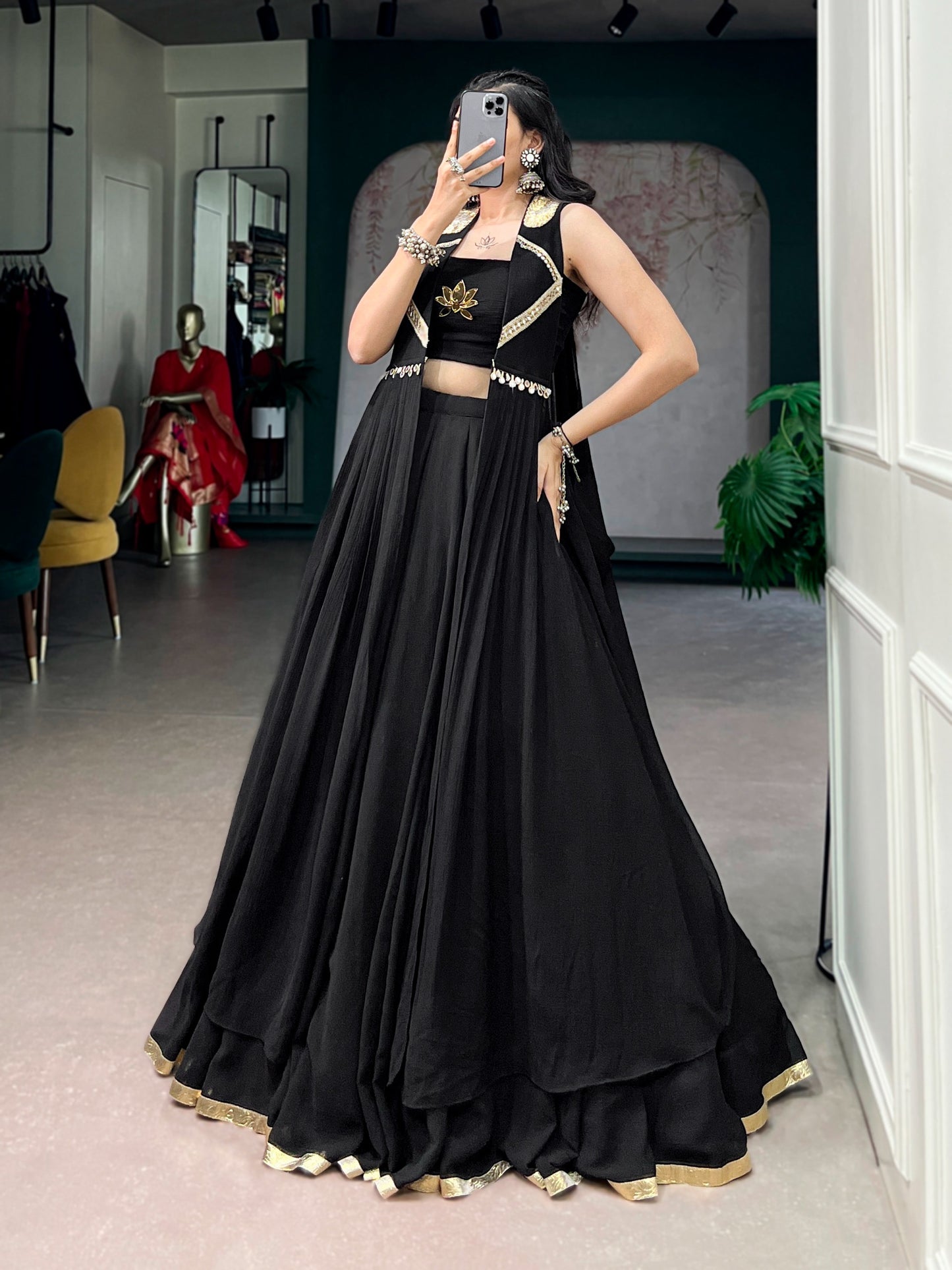 Designer jacket lehenga set with lotus handwork for festive celebrations - side view