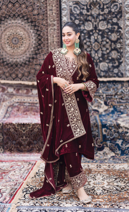 Ethenika Designer Embroidery Work Velvet Kurti Pant Dupatta Set (Ready to Wear)