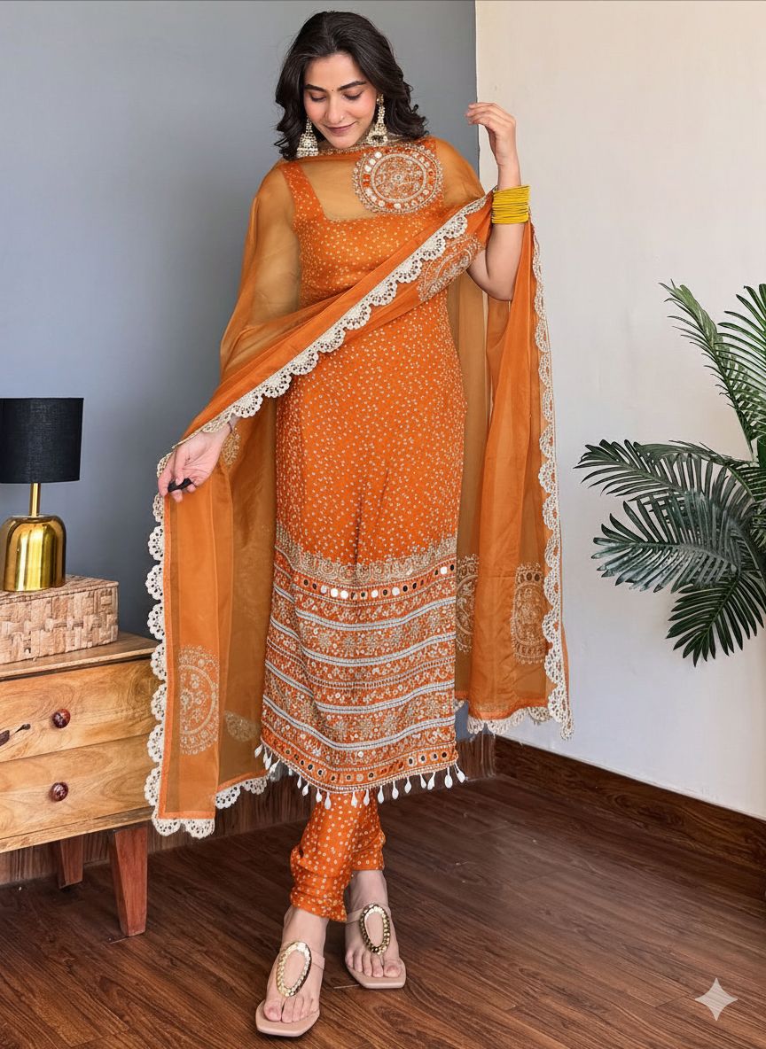 Faux Georgette Real Moti Mirror Work Bandhani Print Kurti Pant Dupatta Set (Ready to Wear)