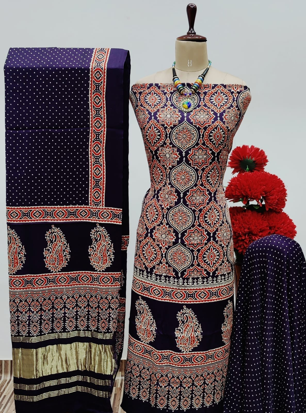 Modal Ghazi Silk Original Hand Blocked Ajrakh Print Dress Material (Unstitched) - Premium  from Ethenika.com  - Just INR 5990! Shop now at Ethenika.com 