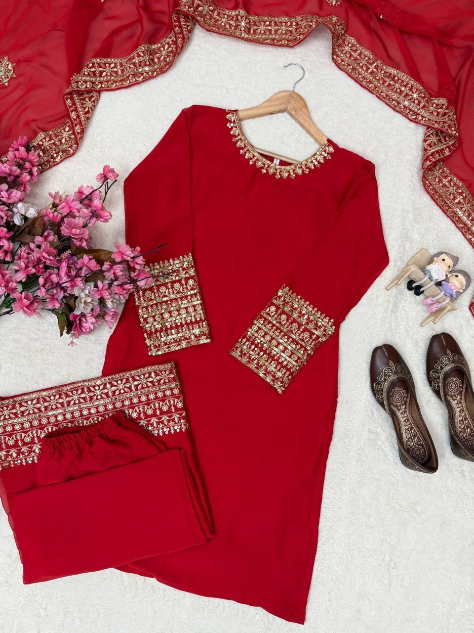 Sequence Embroidery Work Designer Kurti Palazzo Dupatta Set (Ready to Wear)