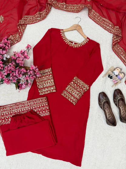 Sequence Embroidery Work Designer Kurti Palazzo Dupatta Set (Ready to Wear)
