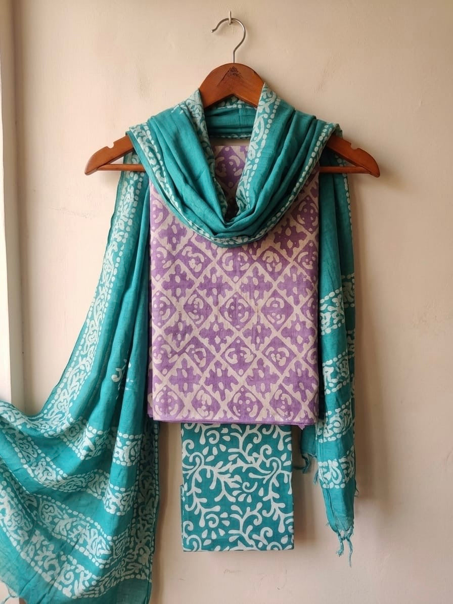 Gadhwal Silk Hand Block Print Batik Dress Material Lavender-Cyan