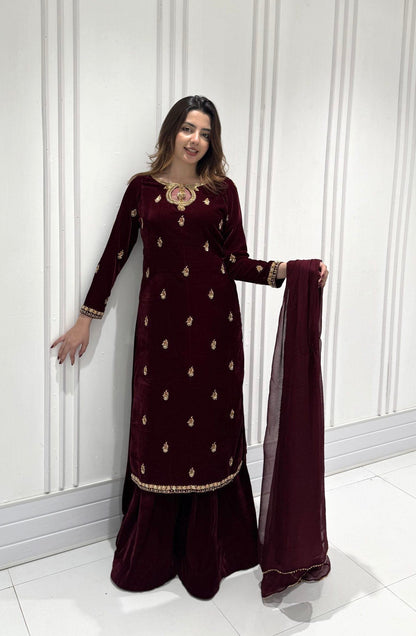 Ethenika Originals Sequence Embroidery Work Velvet Kurti Palazzo Dupatta Set (Ready To Wear)