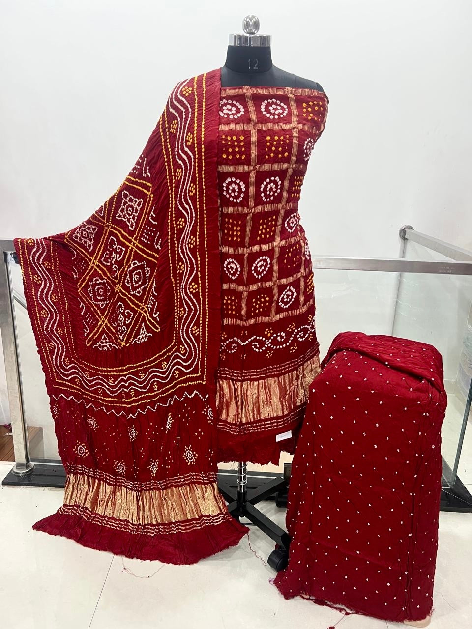 Modal Silk Golden Chex Rai Bandhej Bandhani Dress Material