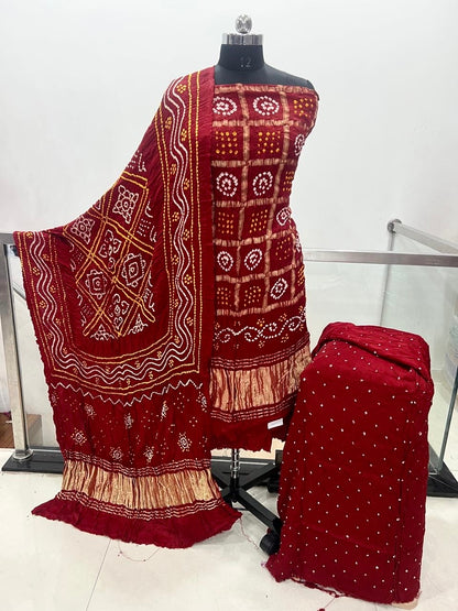 Modal Silk Golden Chex Rai Bandhej Bandhani Dress Material