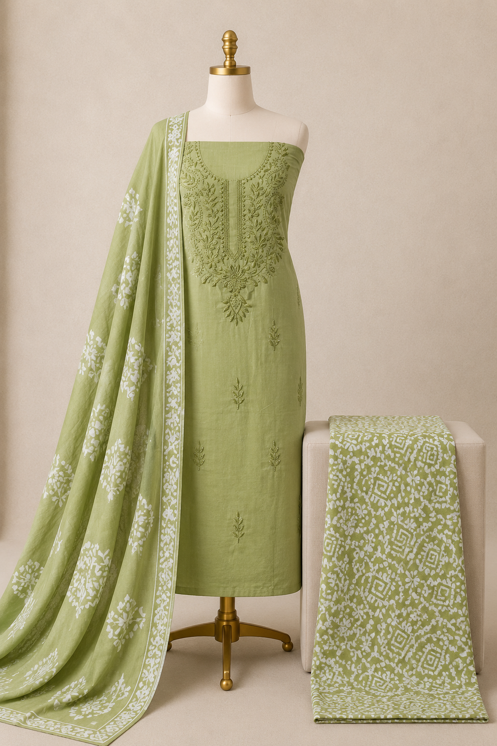 Soft cotton Lakhnavi thread work hand-block Batik unstitched 3-piece dress material