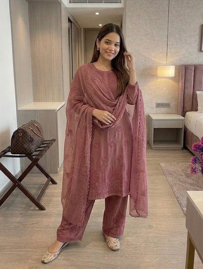 Faux Georgette Chikankari Kurti Palazzo Set