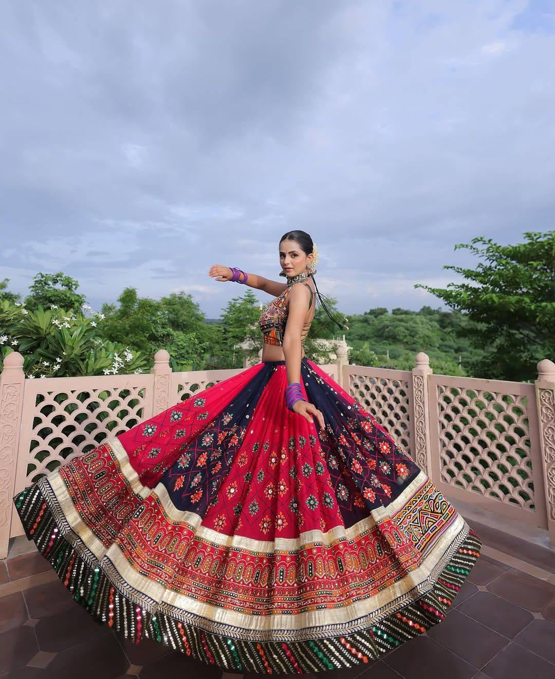 Designer Chaniya Choli | Malai Silk Mirror Work & Gota Zari | Garba