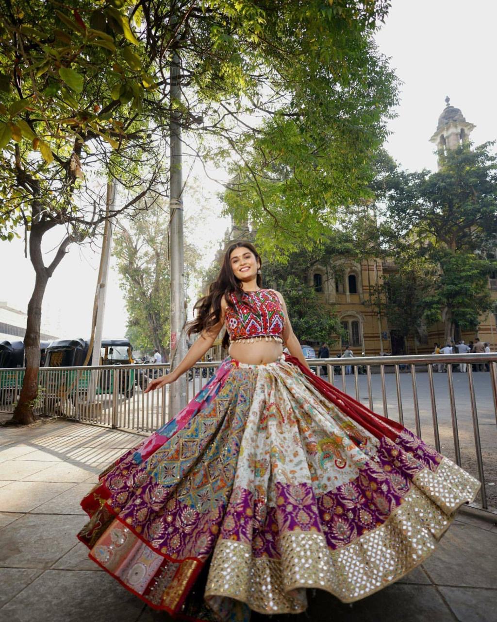 Muslin Digital Print with Mirror Wirk Designer Chaniya Choli for Navratri