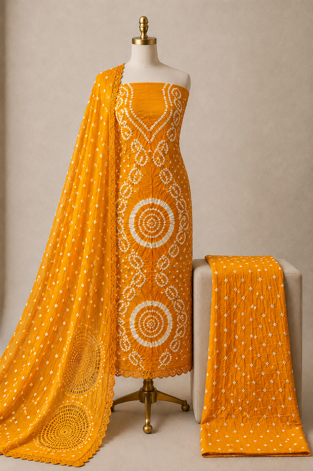 Cotton Satin Authentic Handmade Kutch 3Pc Bandhani Dress Material
