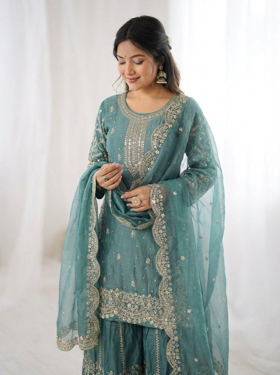 Fendi Silk Embroidery Work Designer Kurti Sharara Dupatta Set