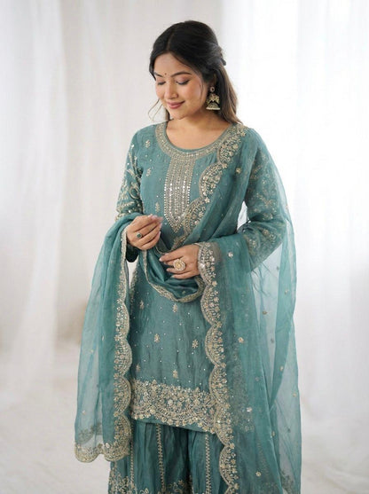 Fendi Silk Embroidery Work Designer Kurti Sharara Dupatta Set