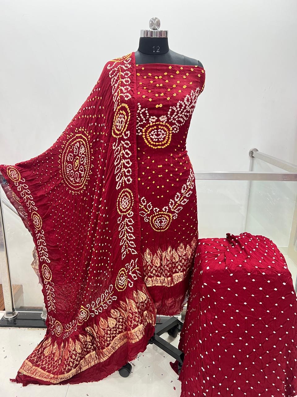 Modal Silk Original Jamnagar Hand Crafted Bandhej Work Bandhani Dress Material (Unstitched)