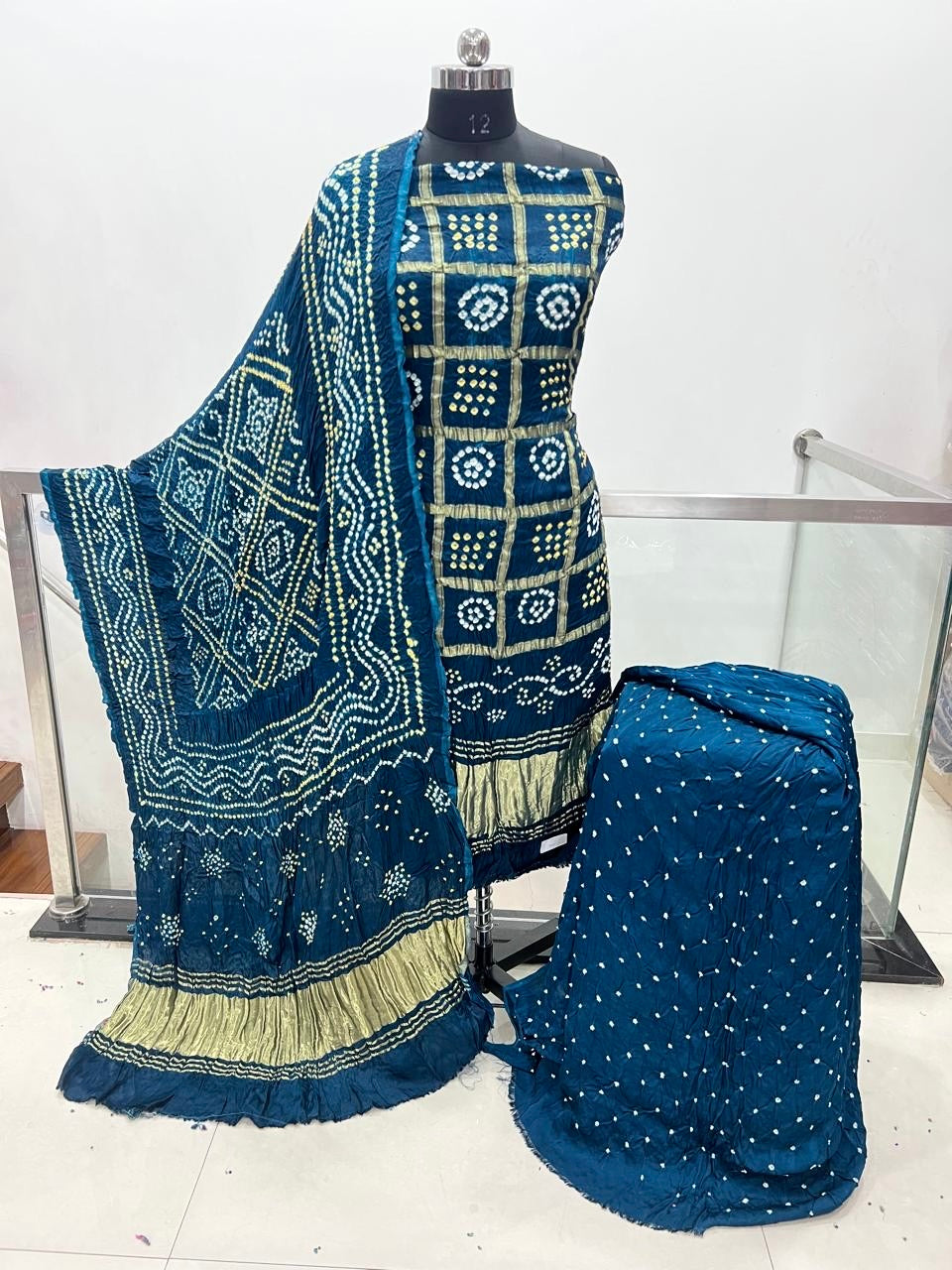 Modal Silk Golden Chex Rai Bandhej Bandhani Dress Material