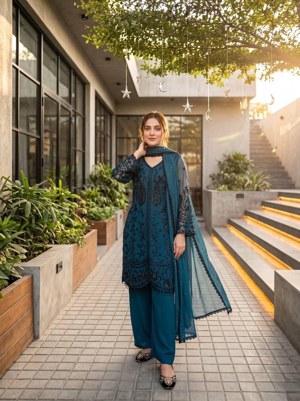 Faux Georgette Designer 3 Pc Kurti Pant Dupatta Set