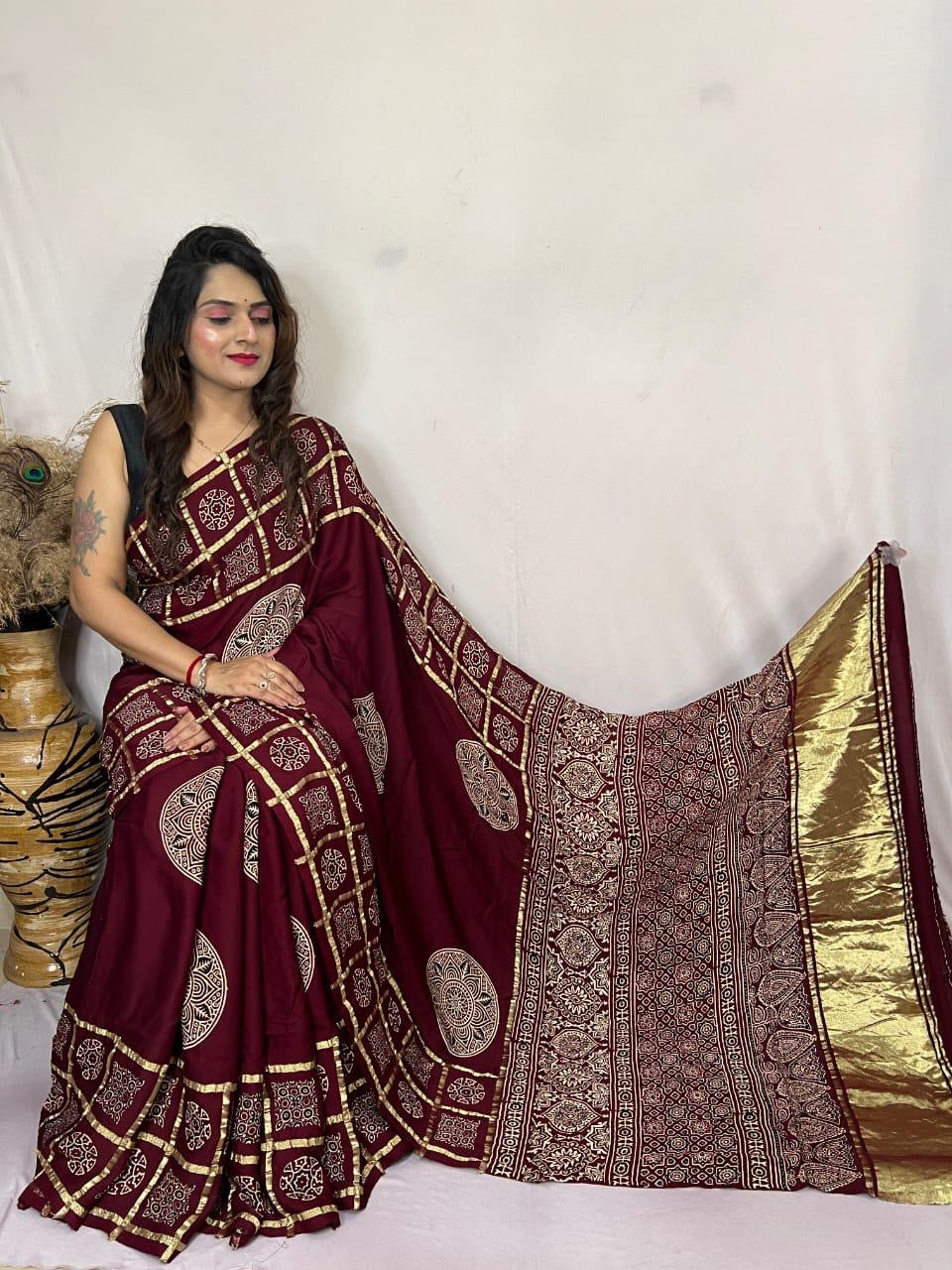 Modal Silk Original Hand Blocked Ajrakh work Lagdi Pallu Saree - Premium  from Ethenika.com  - Just INR 5990! Shop now at Ethenika.com 