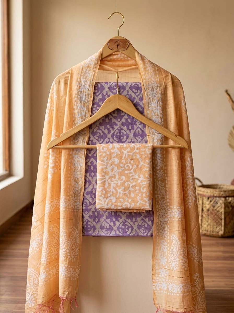 Gadhwal Silk Hand Block Print Batik Dress Material