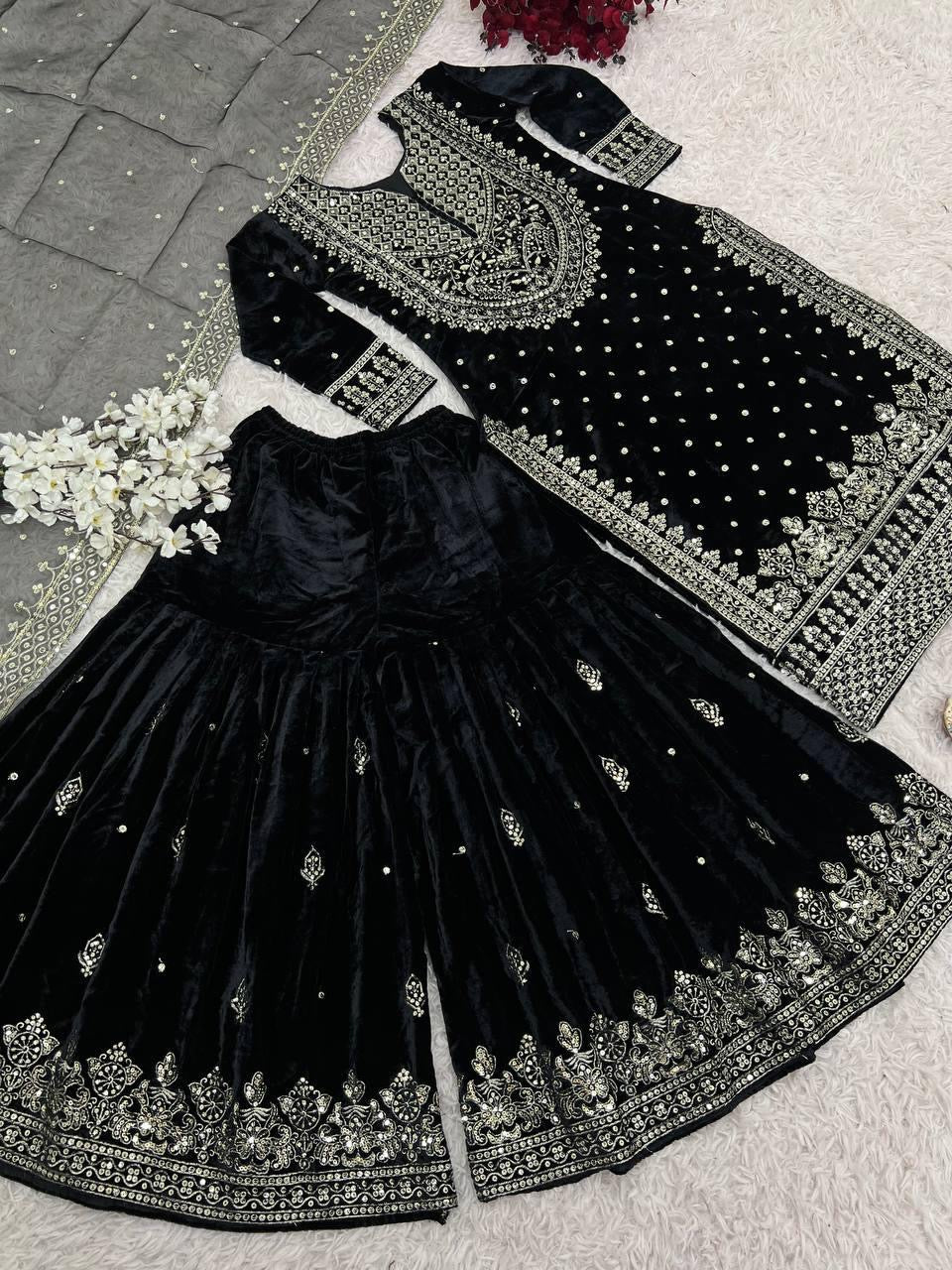 Ethenika Silver Thread Embroidery work Reasdy to wear Velvet Kurti Sharar Set - Premium  from Ethenika.com  - Just INR 4990! Shop now at Ethenika.com 