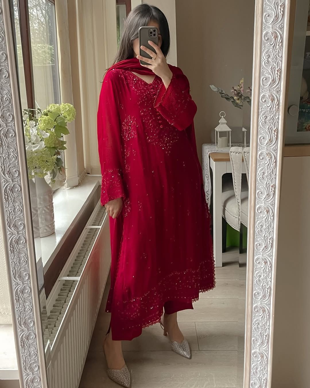 Karwachauth Sepcial Faux Georgette Sequence Embroidery Work 3 Pc Kurti Palazzo Dupatta Set (Ready to Wear)