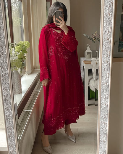 Karwachauth Sepcial Faux Georgette Sequence Embroidery Work 3 Pc Kurti Palazzo Dupatta Set (Ready to Wear)