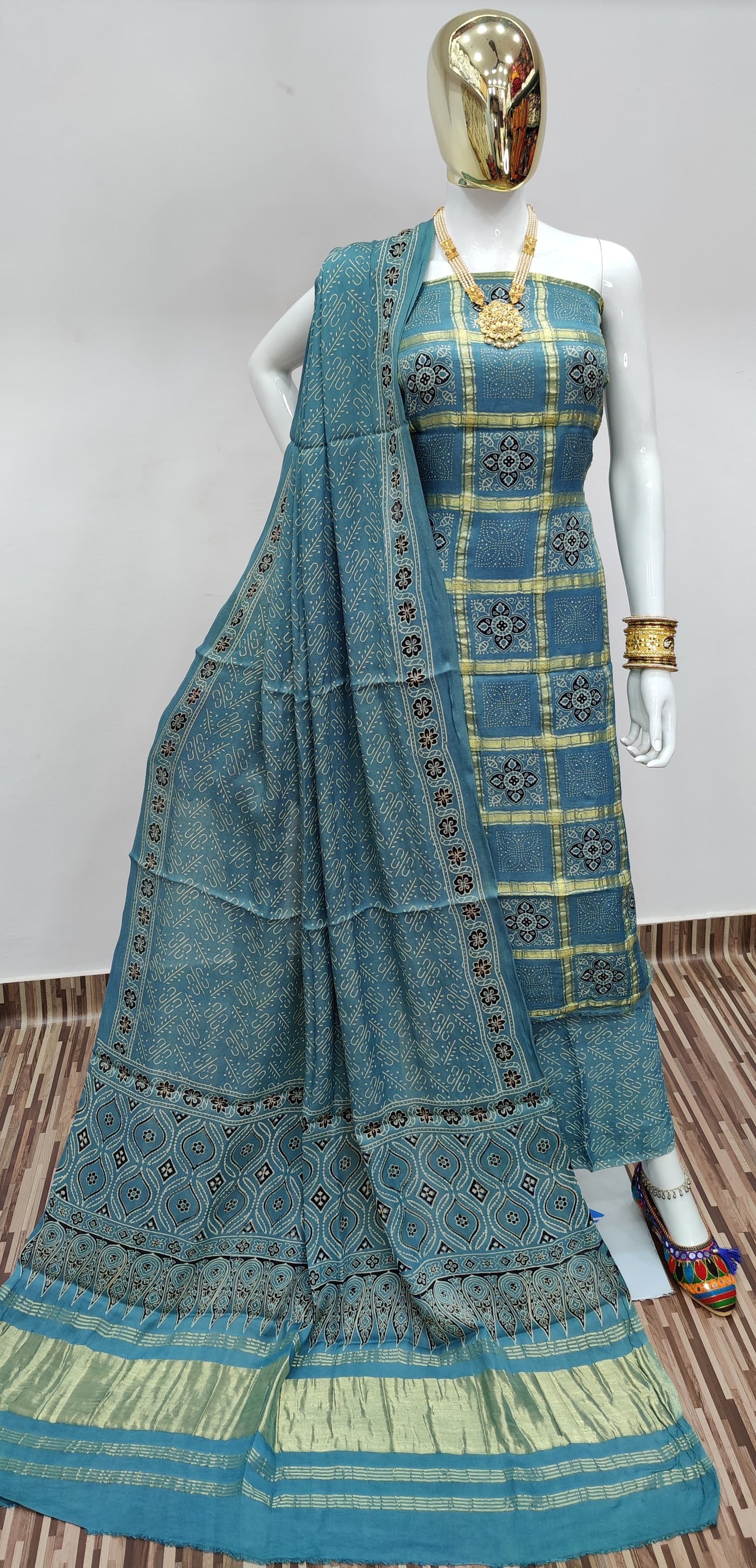Ghazi Silk Golden Chex Hand print dress material - Premium  from Ethenika.com  - Just INR 6999! Shop now at Ethenika.com 