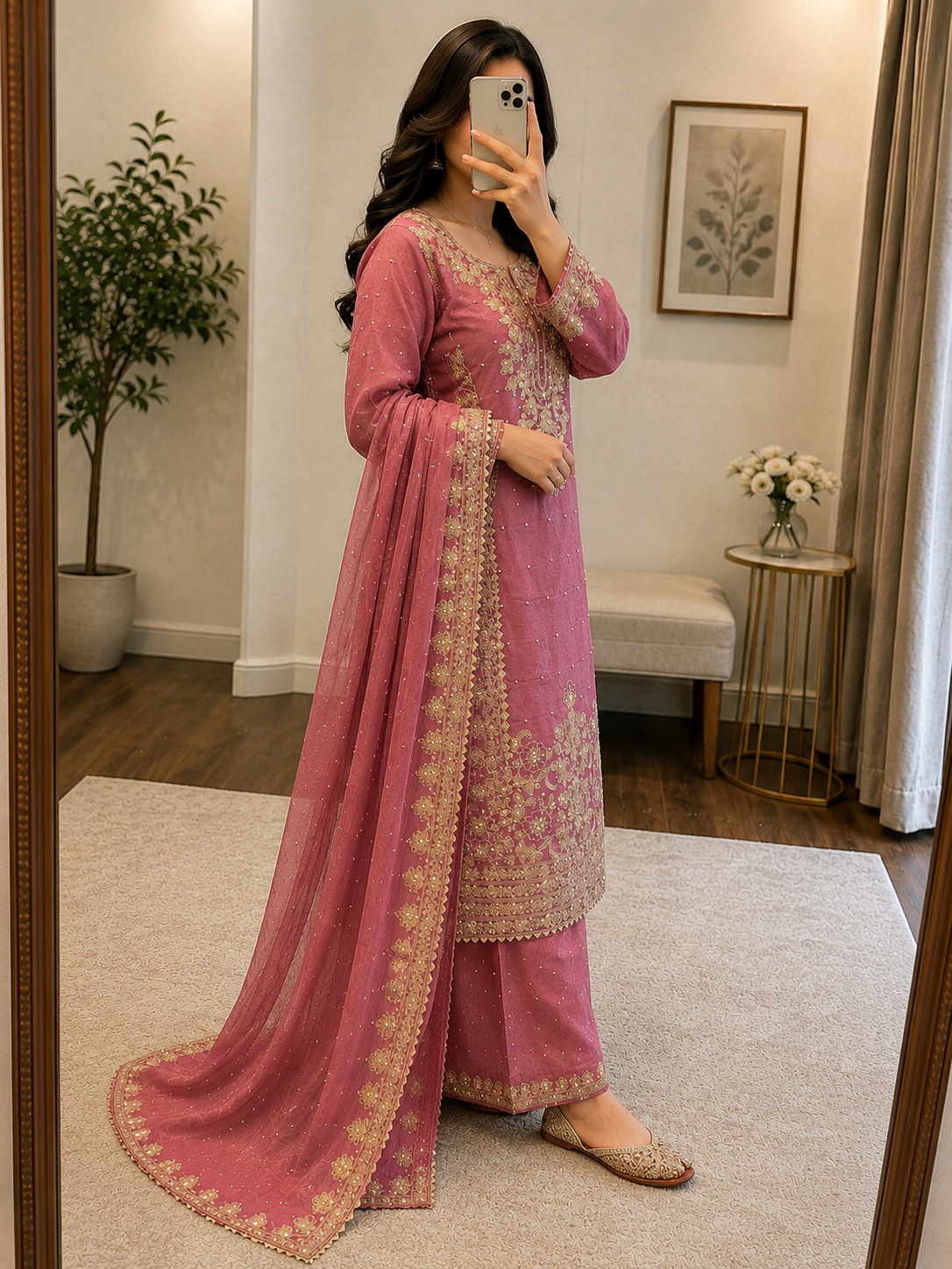 Moti Work Designer Kurti Set – GMY Silk Embroidered 3Pc Suit with Palazzo & Dupatta