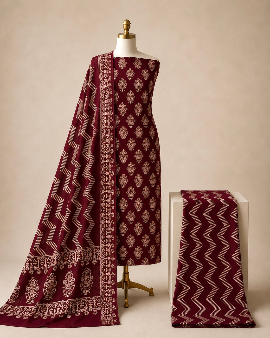 Soft Cotton Hand Blocked Authentic Ajrakh Print 3Pc Unstitched Dress Material
