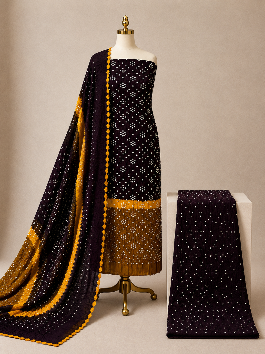Cotton Satin Contrast Handmade Kutch 3Pc Unstitched Bandhani Dress Material