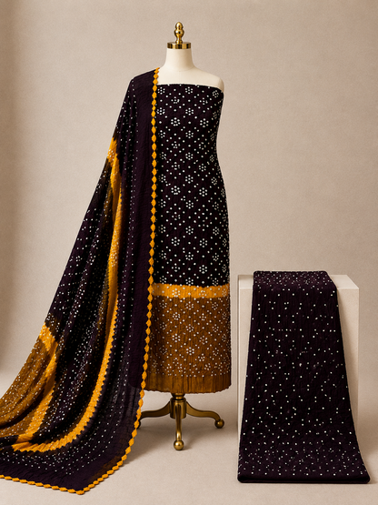 Cotton Satin Contrast Handmade Kutch 3Pc Unstitched Bandhani Dress Material