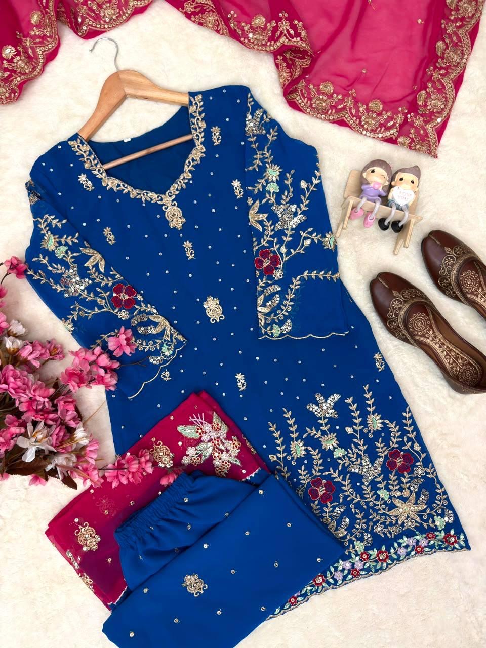 Georgette Sequence Embroidery Work Designer Kurti Sharara Dupatta Set (Ready To Wear)