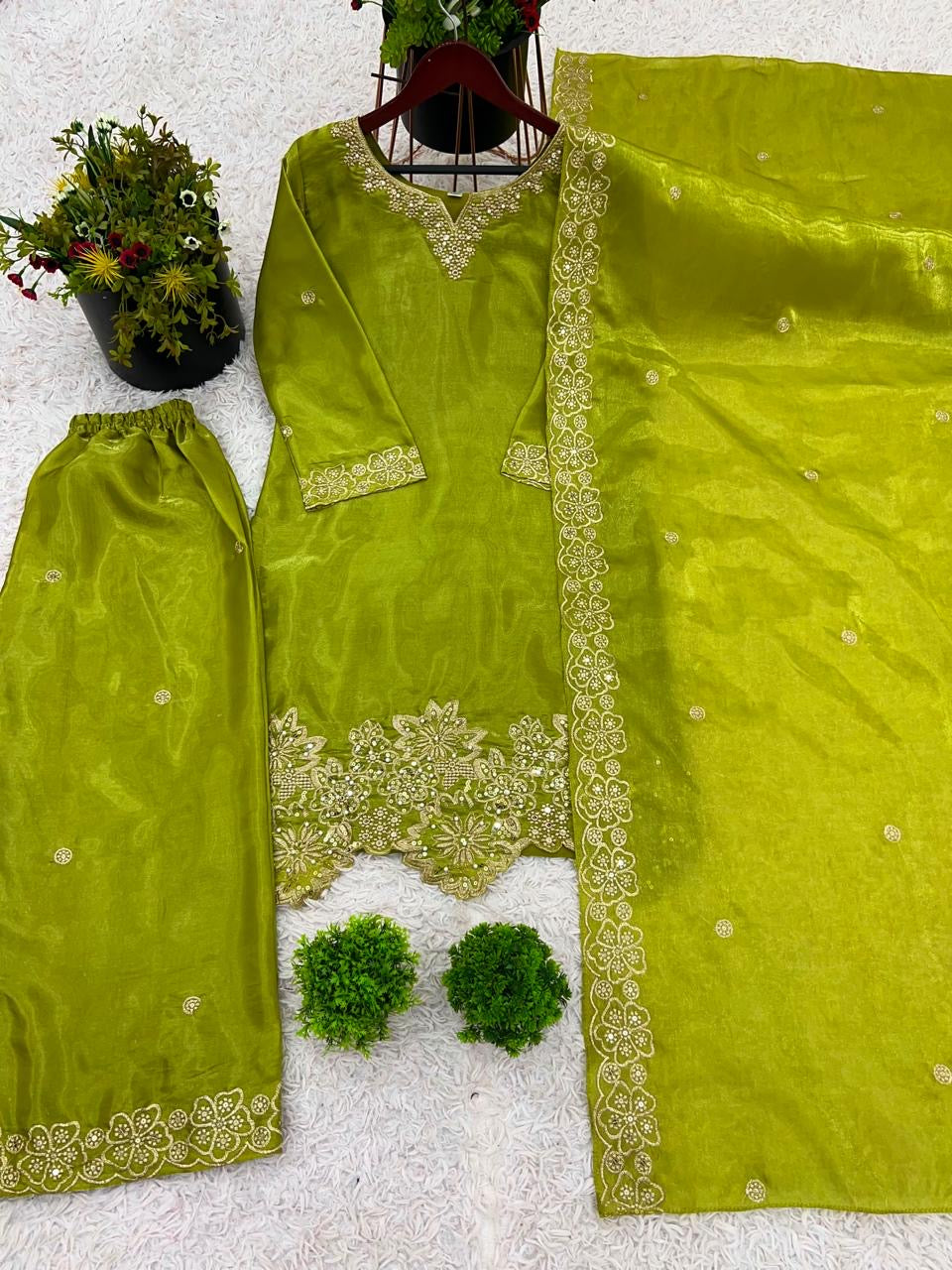 Designer Embroidery Kurti Palazzo Set | Jimmy Choo Silk | Ready to Wear
