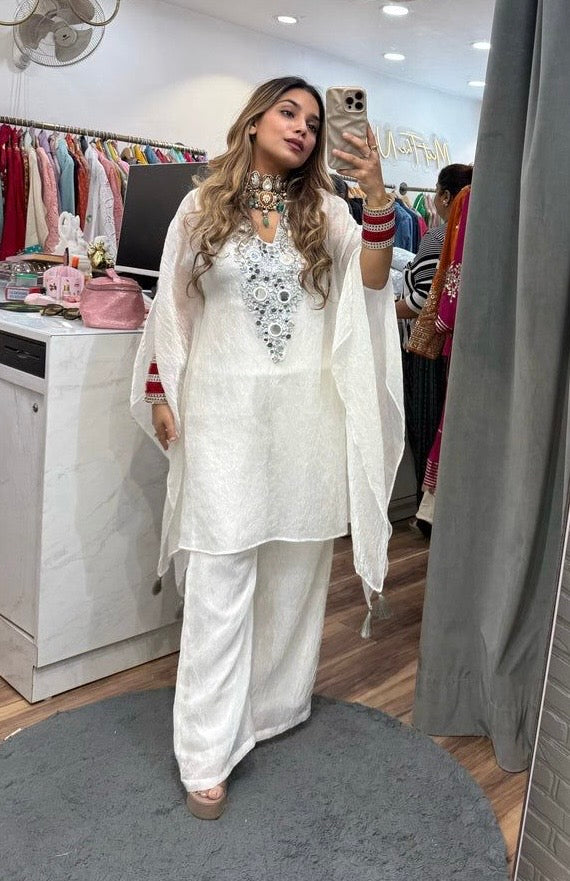 Fendi Silk Neck Read Mirror Work Embroidery DesignerKurti Palazzo Set (Ready to Wear)