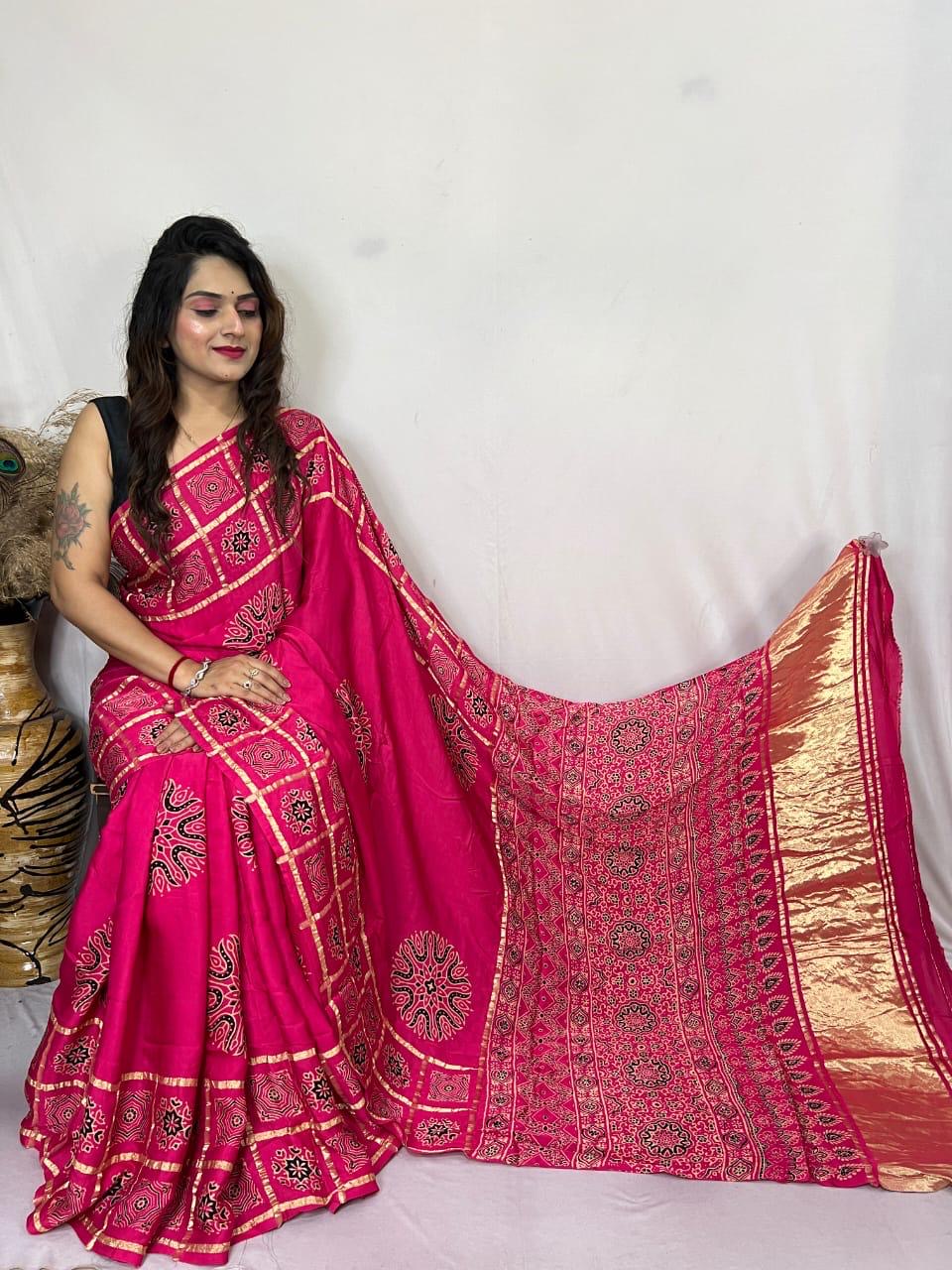 Modal Silk Original Hand Blocked Ajrakh work Lagdi Pallu Saree - Premium  from Ethenika.com  - Just INR 5990! Shop now at Ethenika.com 