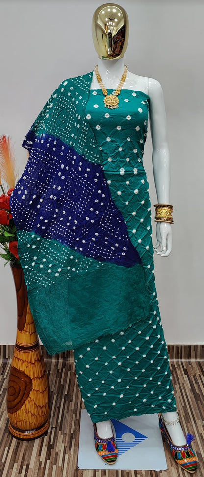 Cotton Satin Contrast Self Kutch Bandhani Dress Material