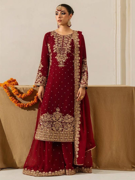 Karwa Chauth Special Designer Moti with Embroidery Work Kurti Sharara Dupatta Set (Ready to Wear)