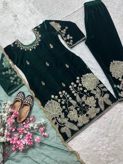 Viscose Embroidery Work Designer Ready to Wear Velvet Kurti Pant Dupatta Set