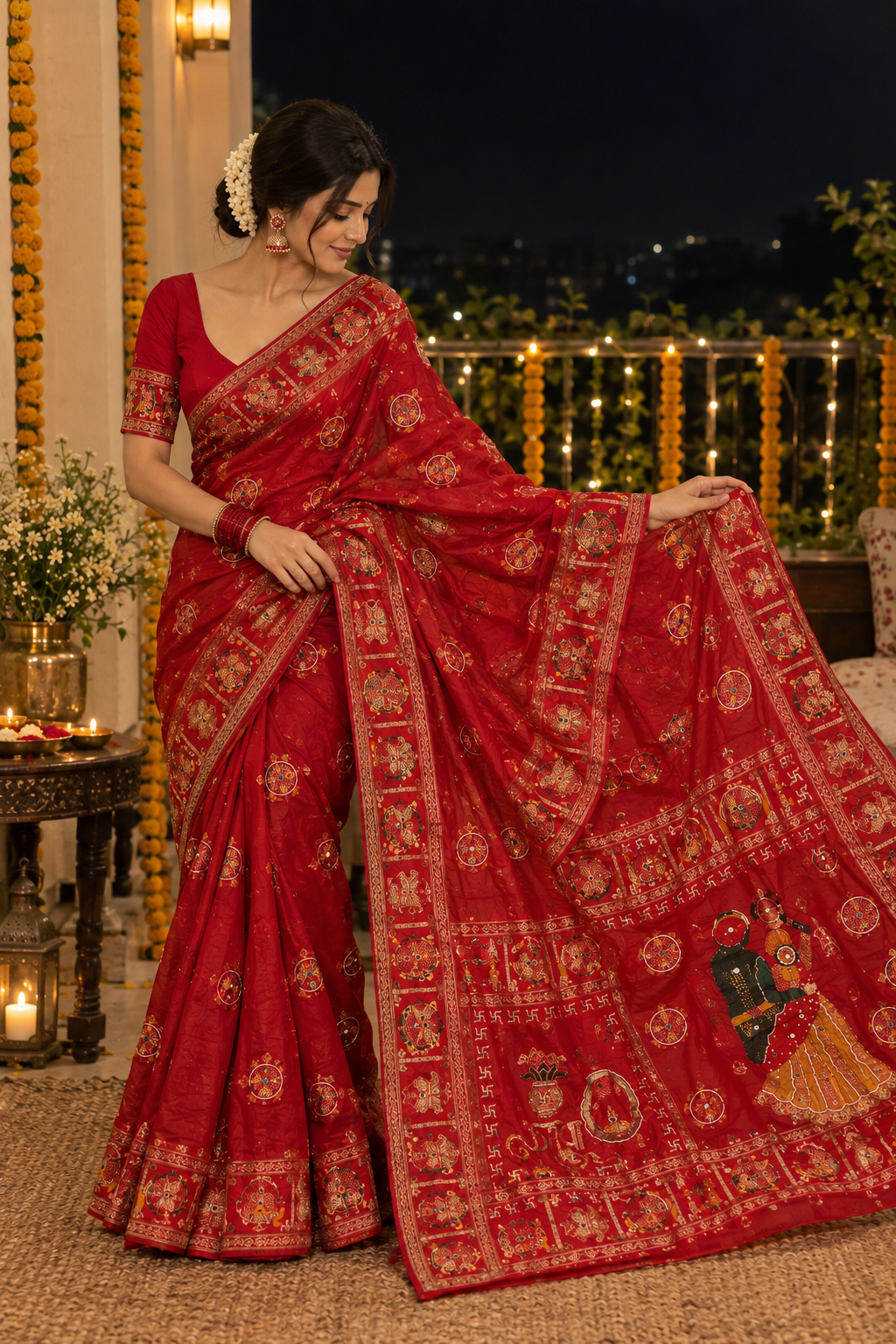 Ethenika Red Meena Saree for Karwachauth