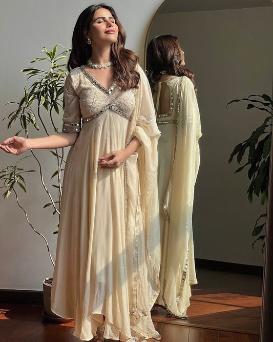 Faux Georgette Chikankari With Mirror Work Designer Anarkali Flair Gown Dupatta Set
