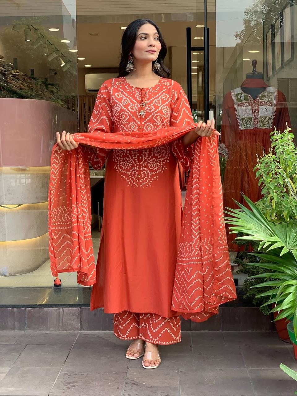 Cotton Fabric Orange Bandhani Print 3pc Kurti Palazzo Dupatta Set for Women
