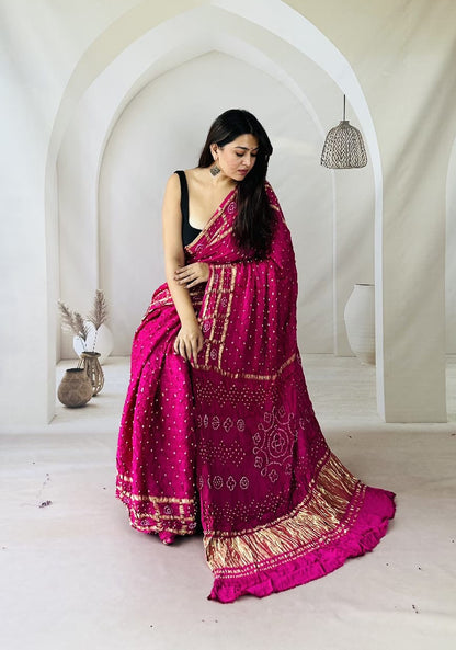 Modal Silk Authentic Kutchi Hand Bandhej Work Chex Border Silk Bandhani Saree