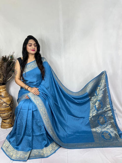 Dola Silk Plain Dye Golden Embroidery Work Silk Saree